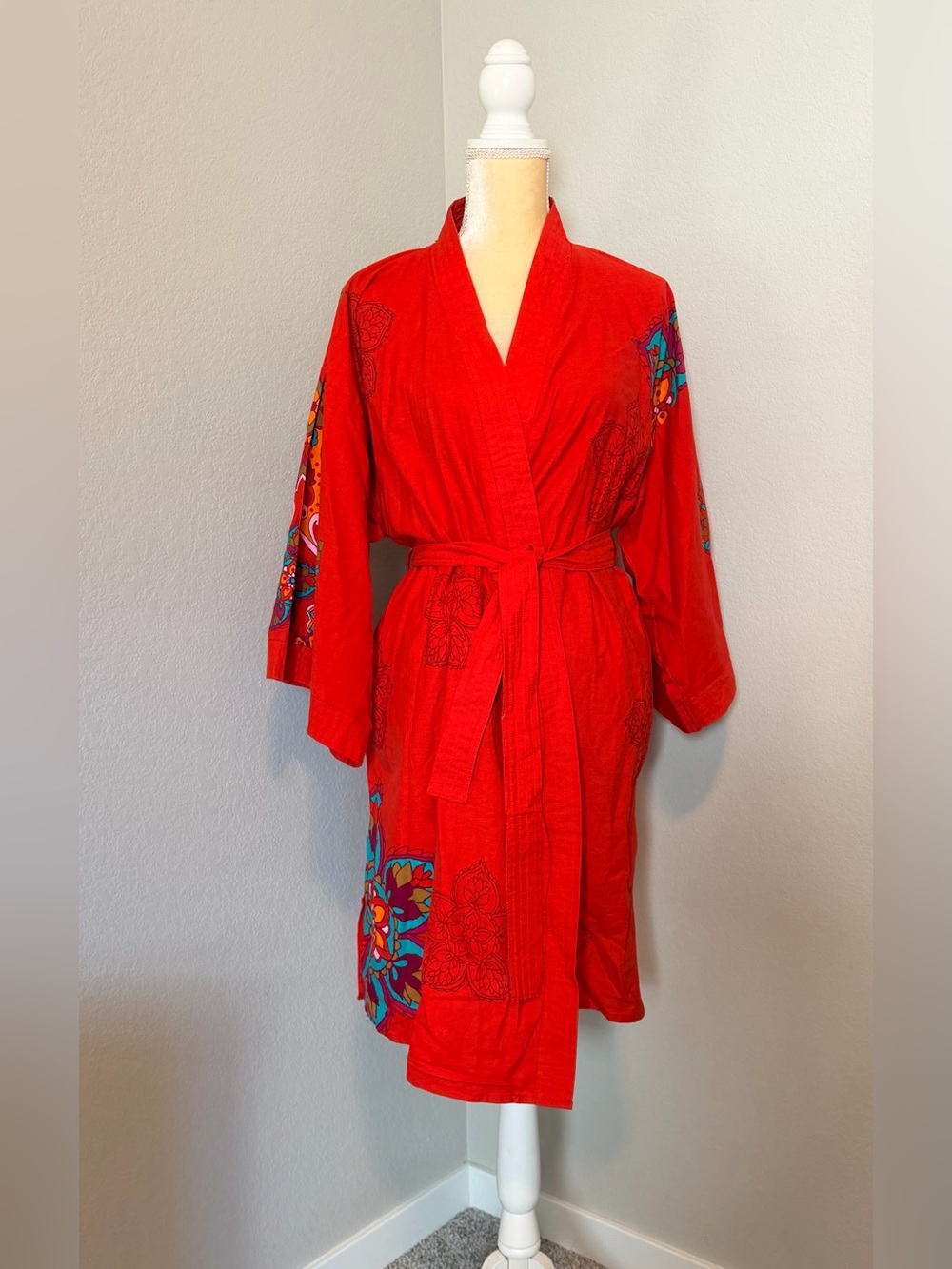 Karma Boho Red Psychedelic Floral Paisley Kimono Robe Duster NWT OS